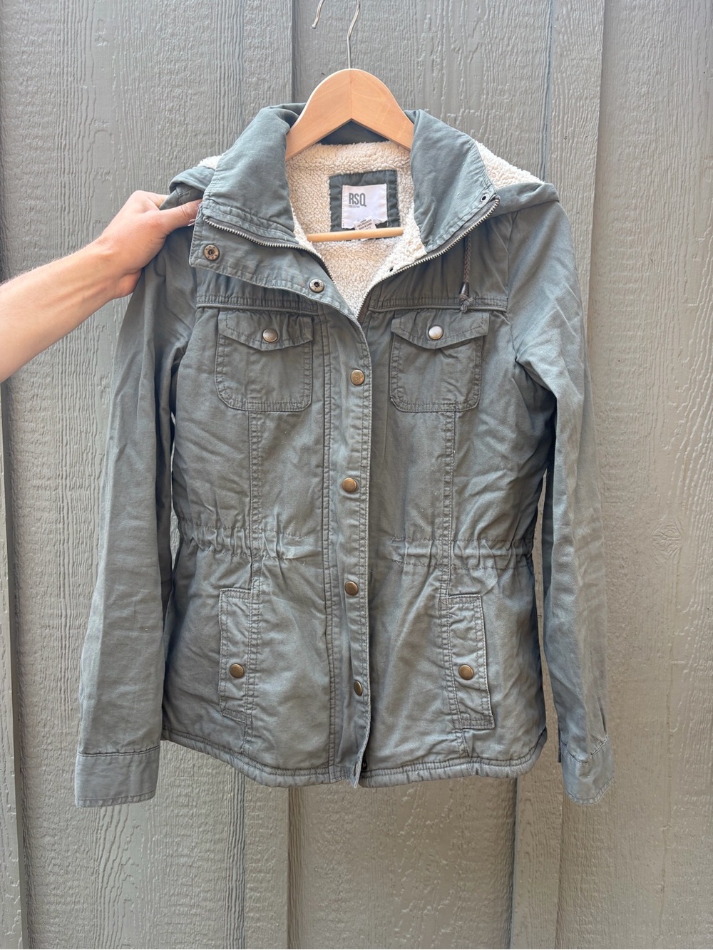 RSQ Olive Green Hooded Utility Jacket with Sherpa Lining